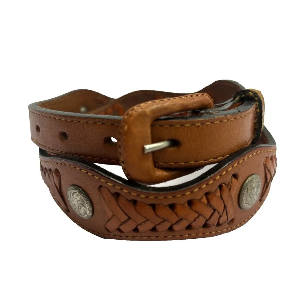New MEF Western‎ Belt Womens 30 Sm Brown Leather Medallion Braided Southwestern